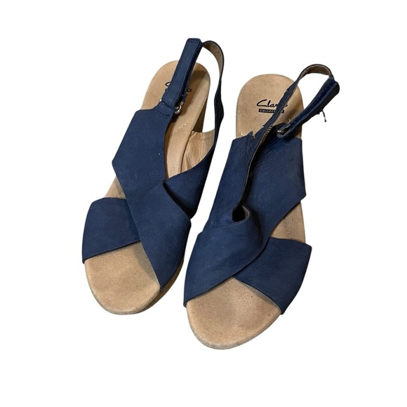 Clarks Collection Giselle Cove Wedge Sandals Womens 9 Blue Suede Slingback - Picture 1 of 9